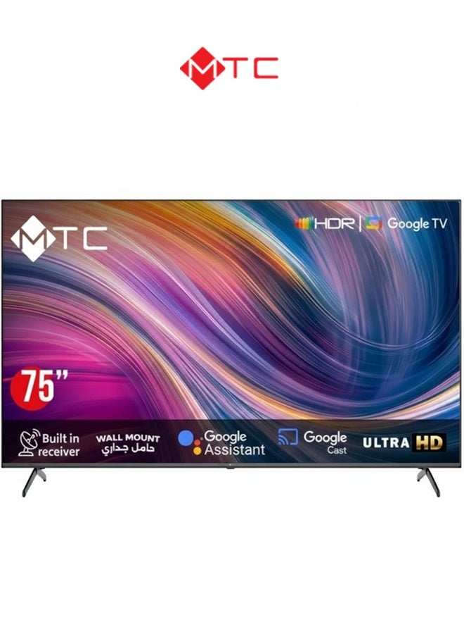 إم تي سي تلفزيون MTC فائق الوضوح 75 بوصة بتقنية LED، نظام التشغيل: Google TV (أندرويد 9.0)، أسود | MT75UH450GO - Image 1